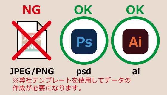JPEG・PNG入稿不可、psdデータ・aiデータで入稿OK ※弊社テンプレートを使用してのデータの作成が必要になります。